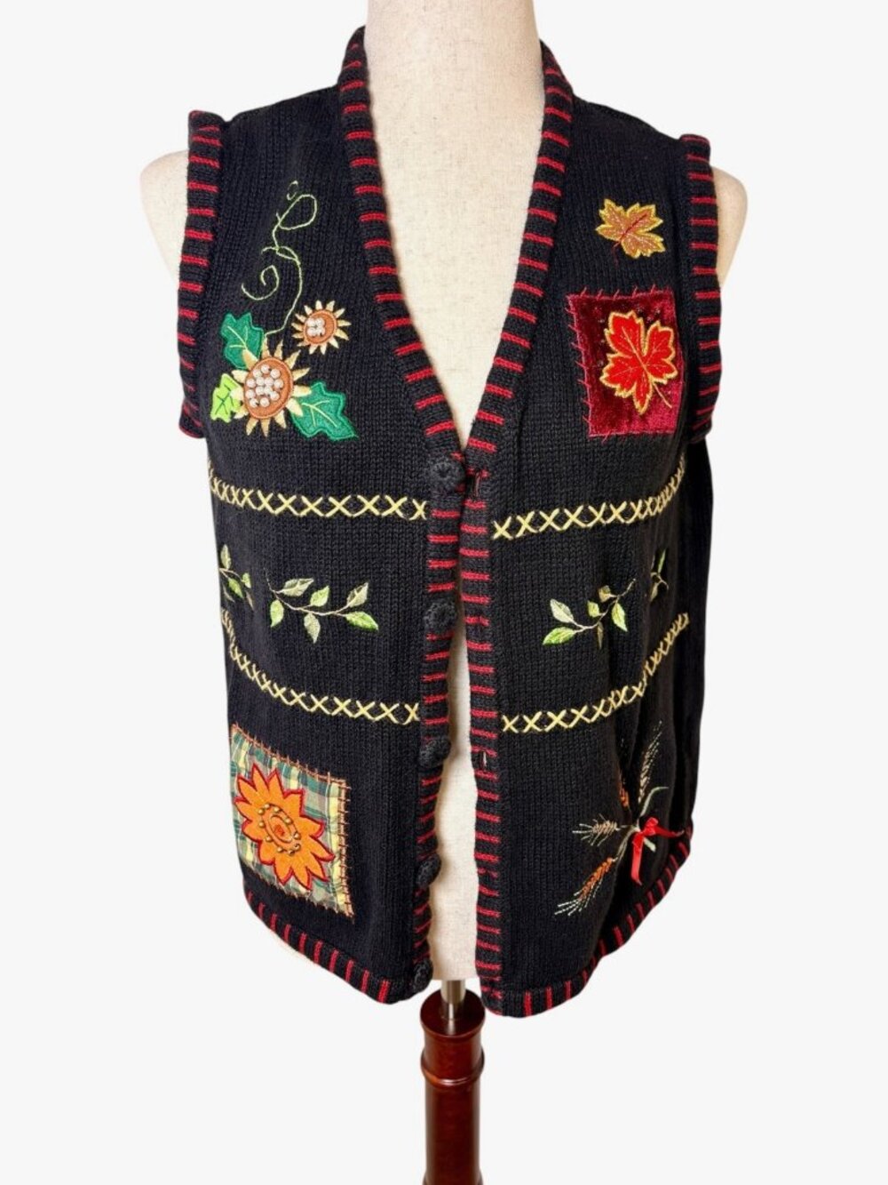 Y2K Holiday Editions Black Embellished Fall Sweater Vest Cottagecore Medium